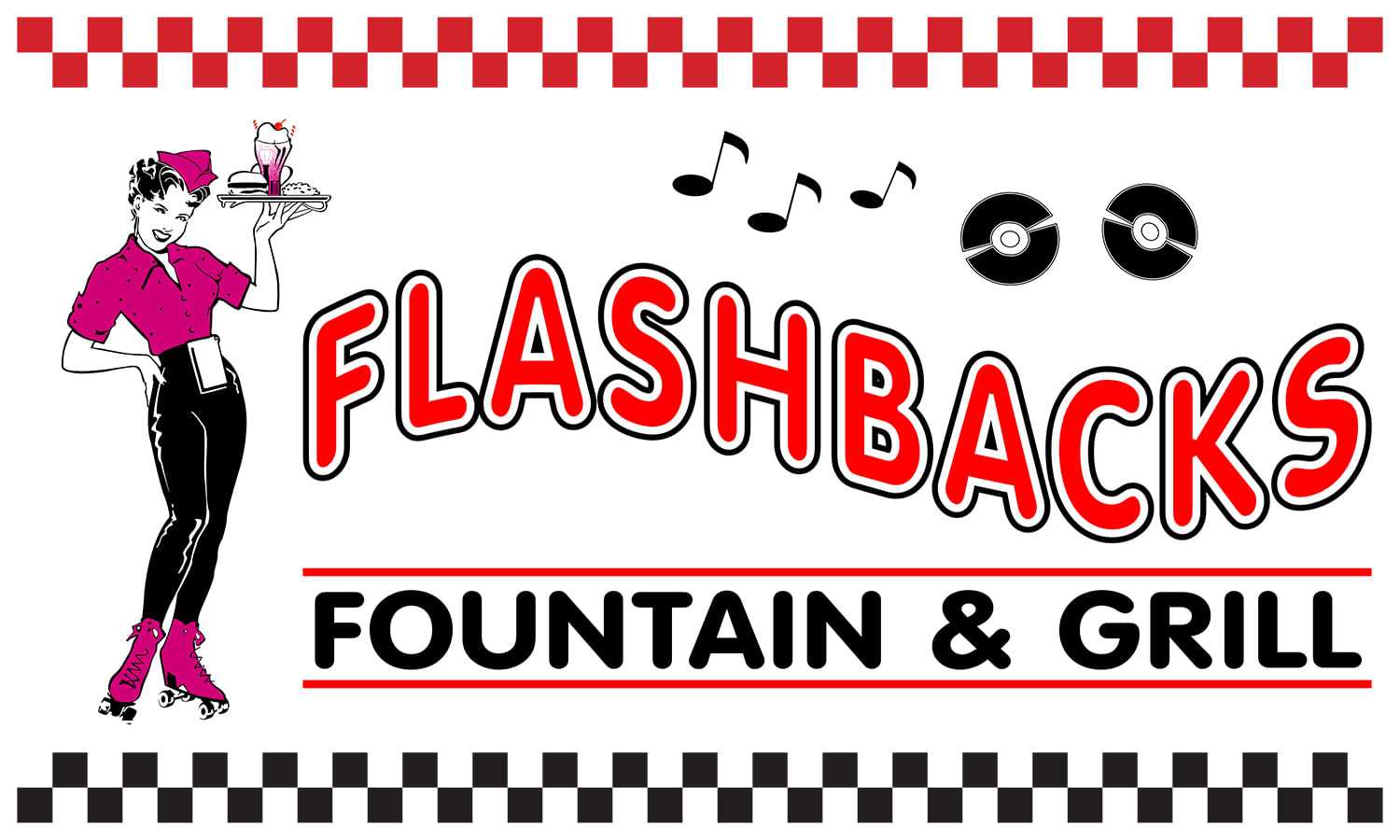 Flashbacks Fountain & Grill logo with a retro waitress on roller skates and music notes.